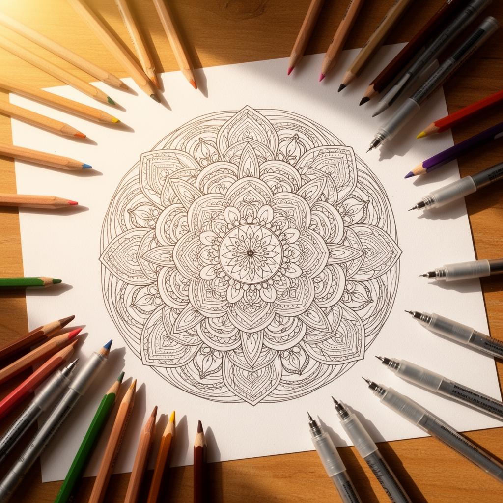 Intricate mandala drawing with colored pencils for art therapy