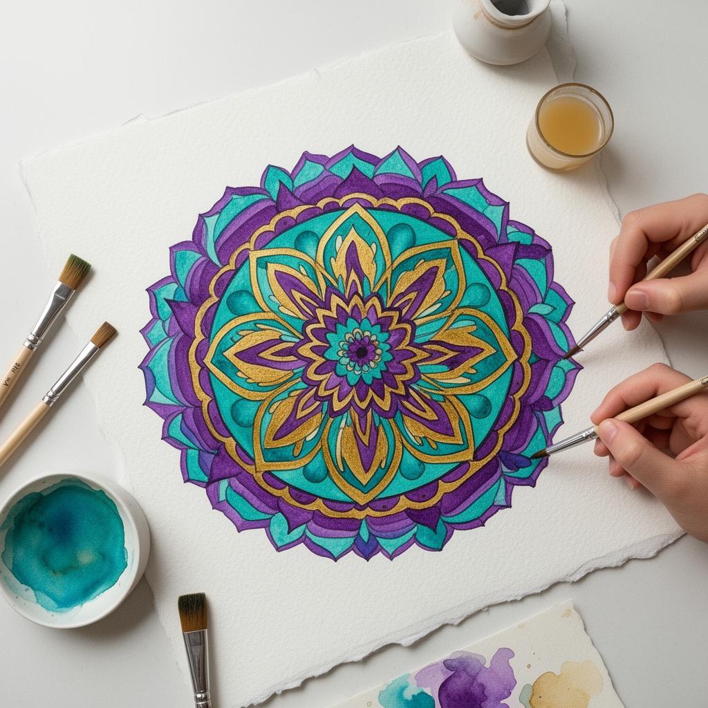 Colorful watercolor mandala painting during wellness session